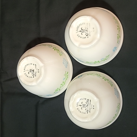 Lot Of 3 Vintage Homer Laughlin Bouillion Custard Blue Tulip Floral Pattern - Picture 2 of 7